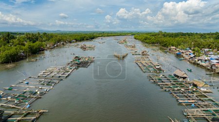 Téléchargez les photos : Vue aérienne de la ferme piscicole avec des cages et des filets sur la rivière. village de pêcheurs. Rivière Hinigaran. Negros, Philippines - en image libre de droit