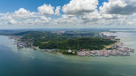 Aerial view of city of Sandakan on the seashore on the island of Borneo, Malaysia.