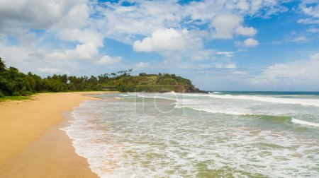 Beautiful sandy beach with palm trees and sea surf with waves. Talalla Beach, Sri Lanka.