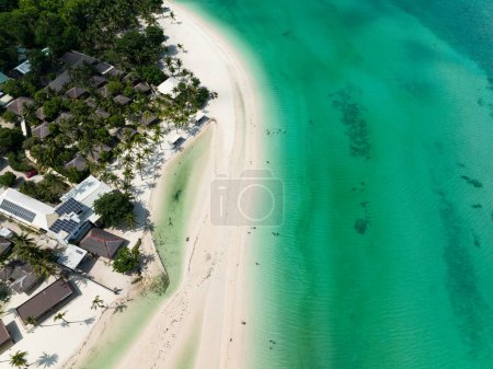 Photo for Aerial view of sandy beach with palm trees and sea with waves. Bantayan island, Philippines. - Royalty Free Image