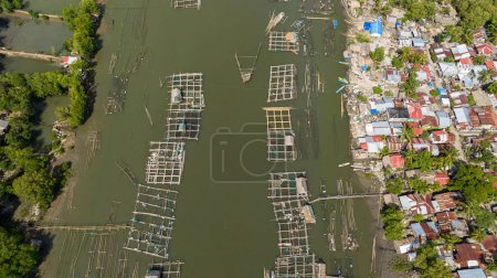 Téléchargez les photos : Vue de dessus de la ferme piscicole avec des cages et des filets sur la rivière. village de pêcheurs. Rivière Hinigaran. Negros, Philippines - en image libre de droit