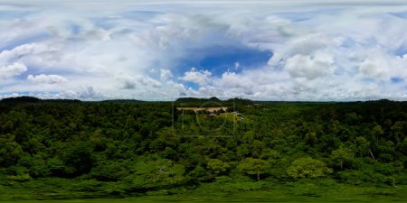 Village among tropical forest and jungle. Borneo, Malaysia, Sukau. VR 360.