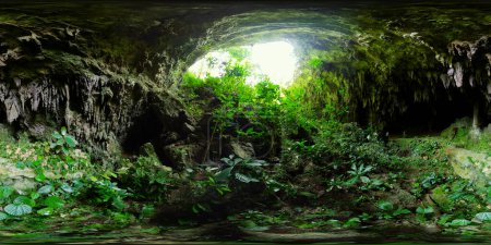 Tropical plants and trees in an underground cave. Bulwang Caves. Mabinay, Negros, Philippines. 360 panorama.