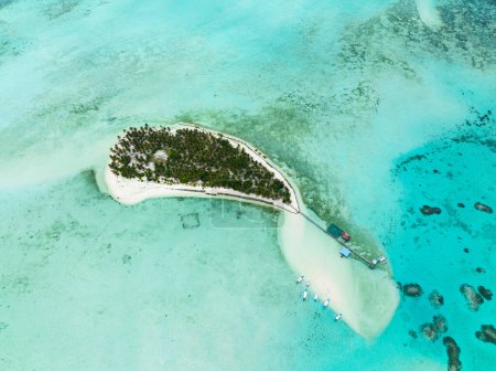 Dron aéreo de isla en el mar azul con un arrecife de coral y la playa. Isla Onok, Balabac, Filipinas.