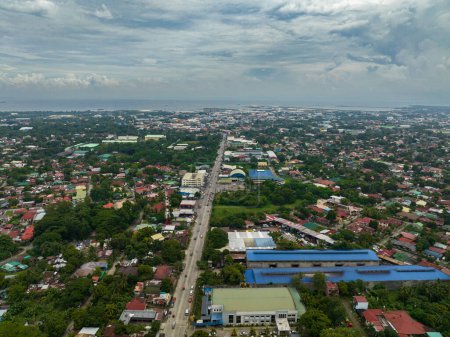 Aerial drone of city of Bacolod by the sea. Negros Occidental, Philippines.