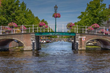 Téléchargez les photos : Leyde, Pays-Bas - 10 juillet 2016 : Le Herenbrug au-dessus du Herengracht dans la ville néerlandaise de Leyde est magnifiquement décoré avec de magnifiques paniers à fleurs - en image libre de droit