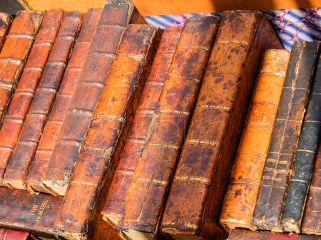 Foto de Fila de espinas de libros de cuero vintage sin títulos en el mercado. - Imagen libre de derechos