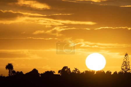 Foto de Gran sol brillante sale en el nuevo día sobre el paisaje de silueta. - Imagen libre de derechos