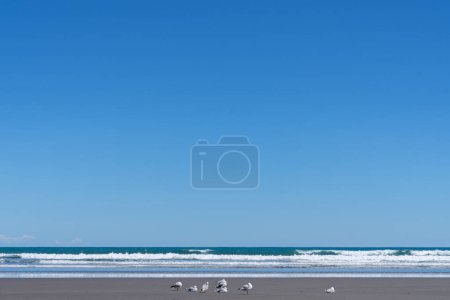 Opunake Surfstrand mit Westküste schwarzem Sand, blauem Himmel und Wasser.