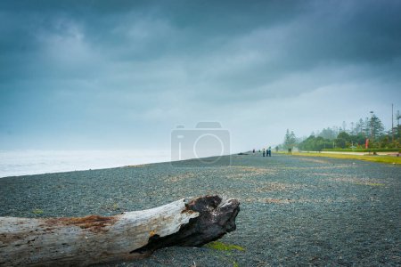 Escena nublada de playa matutina en Hawkes Bay en la playa de Napier Esplanade, en un día nublado y caluroso.