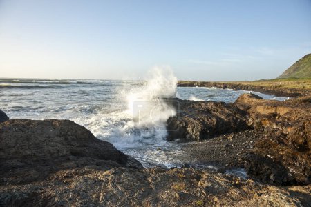 Wellencrashs senden Spay in der Luft auf felsigem Vorland in Wairarapa mit krachenden Wellen und Gischt.