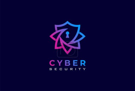 Ilustración de Logotipo de seguridad cibernética, combinación de escudo abstracto y ojo de cerradura, utilizable para logotipos de empresas de tecnología y seguridad, ilustración vectorial - Imagen libre de derechos