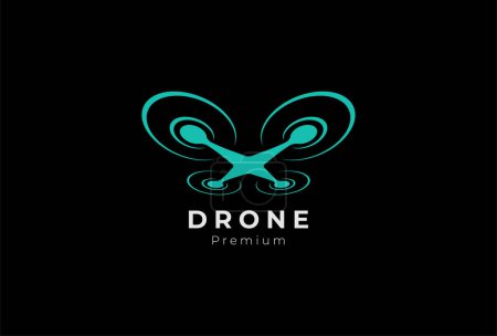 Téléchargez les illustrations : Logo de drone, logo minimaliste de drone volant avec vue en perspective d'en bas, modèle de logo design plat, illustration vectorielle - en licence libre de droit