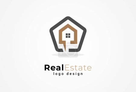 Ilustración de Logotipo inmobiliario. casa y combinación de burbujas de chat, adecuado para el diseño de logotipos de aplicaciones de construcción de arquitectura, ilustración vectorial - Imagen libre de derechos
