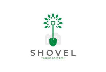Illustration for Shovel logo, simple shovel with green leaves combination, usable for gardening and business logo design, flat design logo template, vector illustration - Royalty Free Image