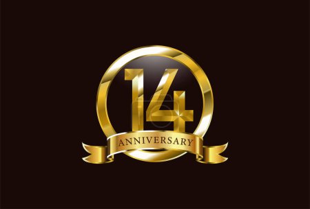 Illustration for 14  year anniversary celebration logo design with golden circle style - Royalty Free Image