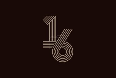 Illustration for Abstract 16 Number Logo, Gold 16 number monogram line style, usable for anniversary and business logos, flat design logo template, vector illustration - Royalty Free Image