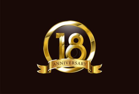 Téléchargez les illustrations : 18 année anniversaire célébration logo design avec cercle d'or style - en licence libre de droit