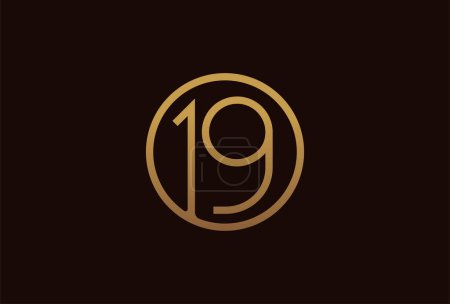 Téléchargez les illustrations : Logo anniversaire 19 ans, cercle de ligne d'or avec numéro à l'intérieur, modèle de conception de numéro d'or, illustration vectorielle - en licence libre de droit