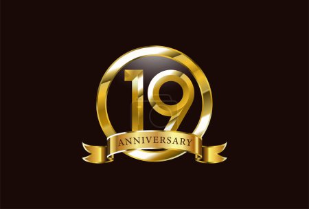 Illustration for 19 year anniversary celebration logo design with golden circle style - Royalty Free Image
