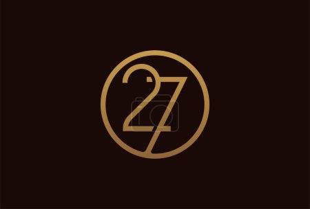 Illustration for 27 years anniversary logo, gold line circle with number inside, golden number design template, vector illustration - Royalty Free Image