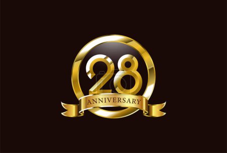 Téléchargez les illustrations : 28 année anniversaire célébration logo design avec cercle d'or style - en licence libre de droit