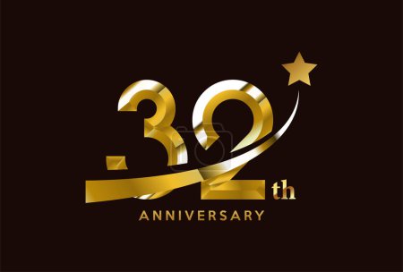 Téléchargez les illustrations : Golden 32 année anniversaire célébration logo design avec symbole étoile - en licence libre de droit