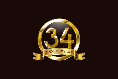 Téléchargez les illustrations : 34 année anniversaire célébration logo design avec cercle d'or style - en licence libre de droit