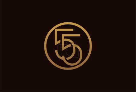 Illustration for 55 years anniversary logo, gold line circle with number inside, golden number design template, vector illustration - Royalty Free Image