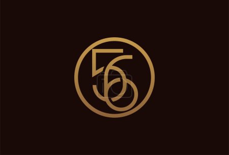 Illustration for 56 years anniversary logo, gold line circle with number inside, golden number design template, vector illustration - Royalty Free Image