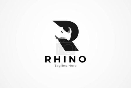Téléchargez les illustrations : Lettre R Logo Rhino. initiale R avec tête de rhinocéros de l'espace négatif, modèle de logo design plat, illustration vectorielle - en licence libre de droit