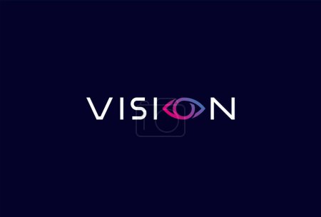 Logo Vision, lettre O avec combinaison d'icônes oculaires dans le texte Logo de typographie Vision, illustration vectorielle