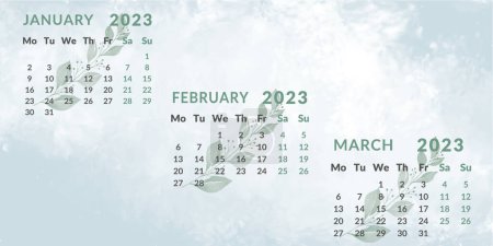 Ilustración de Calendario 2023 por trimestres. Meses Enero Febrero Marzo. La semana comienza el lunes. - Imagen libre de derechos
