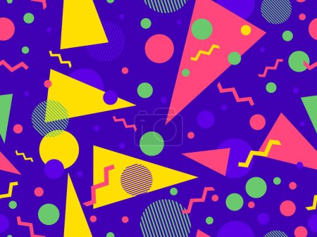 Illustration for Memphis seamless pattern with geometric shapes in 80s style. Colorful geometric shapes on a violet background. Design of promotional products, wrapping paper and printing. Vector illustration - Royalty Free Image