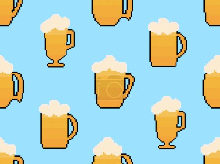 Ilustración de Pixel vasos de cerveza patrón sin costura. Cerveza con espuma en vasos. Estilo gráfico de los videojuegos de los 90. Diseño de diseño de taza de cerveza de 8 bits para aplicación, banner y publicidad. Ilustración vectorial - Imagen libre de derechos