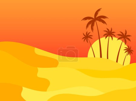 Téléchargez les illustrations : Paysage désertique avec palmiers et dunes de sable. Lever de soleil dans le désert, dunes de sable aux silhouettes de palmiers. Conception pour impression, bannières et affiches. Illustration de Vetornaya - en licence libre de droit