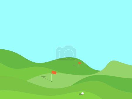 Ilustración de Campo de golf. Pradera verde ondulada en un estilo minimalista. Campo de golf con hoyos y banderas rojas. Paisaje con campo verde. Diseño para productos publicitarios, banners y carteles. Ilustración vectorial - Imagen libre de derechos