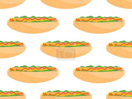 Illustration for Hot dog seamless pattern. Sausage in a bun with ketchup and mustard. National Hot Dog Day. Hot dog is a popular fast food. Design for banners, posters and promotional products. Vector illustration - Royalty Free Image