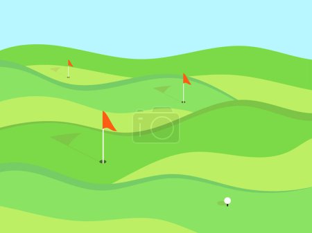 Ilustración de Campo de golf. Pradera verde ondulada en un estilo minimalista. Campo de golf con hoyos y banderas rojas. Paisaje con campos verdes. Diseño para productos publicitarios y carteles. Ilustración vectorial - Imagen libre de derechos
