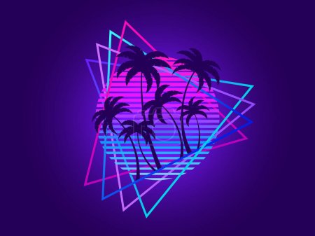 80s retro sci-fi palm trees on a sunset in triangular frame. Retro futuristic sun with palm trees. Synthwave and retrowave style. Design for advertising banners and posters. Vector illustration