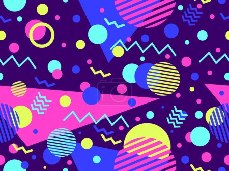 Illustration for 80s seamless pattern with geometric shapes in memphis style. Circles and triangles. Colorful abstract background for printing on promotional items, banners and wrapping paper. Vector illustration - Royalty Free Image