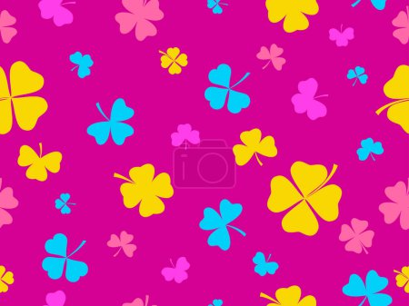 Illustration for Seamless pattern with clovers for St. Patrick's Day. Multi-colored four-leaf and three-leaf clover leaves. Background for printing on paper, advertising materials and fabric. Vector illustration - Royalty Free Image