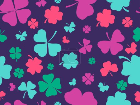 Illustration for Seamless pattern with clovers for St. Patrick's Day. Multi-colored four-leaf and three-leaf clover leaves. Background for printing on paper, advertising materials and fabric. Vector illustration - Royalty Free Image