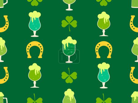 Illustration for Seamless pattern with clover leaves, glasses of beer and horseshoe for St. Patrick's Day. Green mugs of beer with foam. Festive design for wallpaper, banner and cover. Vector illustration - Royalty Free Image