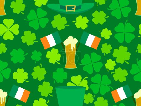 Illustration for Seamless pattern with Irish flag, clover leaves, leprechaun hat and glasses of beer for St. Patrick's Day. Symbols of the Irish holiday. Festive wallpaper, banner and cover design. Vector illustration - Royalty Free Image