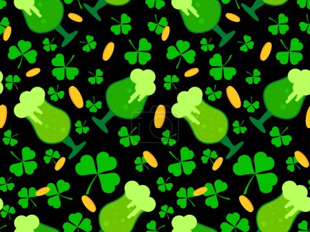 Illustration for Seamless pattern with glasses of green beer, clover leaves and gold coins for St. Patrick's Day. Glasses of beer on a stem with foam in a flat style. Design for banner and cover. Vector illustration - Royalty Free Image