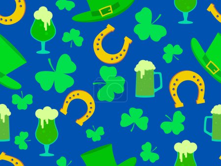 Illustration for Seamless pattern with clover leaves, glasses of beer, leprechaun hat and horseshoes for St. Patrick's Day. Green mugs of beer with foam. Festive wallpaper, banner and cover design. Vector illustration - Royalty Free Image