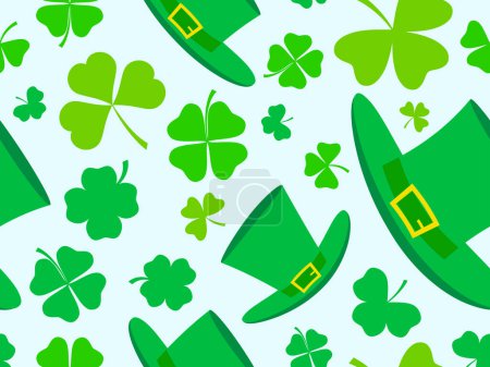 Illustration for Seamless pattern with green clover leaves and leprechaun cap for St. Patrick's Day. Symbols of the Irish holiday. Festive design for wallpaper, banner and cover. Vector illustration - Royalty Free Image