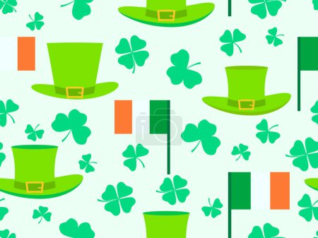 Illustration for Seamless pattern with Irish flag, clover leaves and leprechaun cap for St. Patrick's Day. Symbols of the Irish holiday. Festive design for wallpaper, banner and cover. Vector illustration - Royalty Free Image
