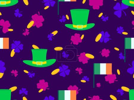 Illustration for Seamless pattern with Irish flag, clover leaves, leprechaun cap and gold coins for St. Patrick's Day. Symbols of the Irish holiday. Festive wallpaper, banner and cover design. Vector illustration - Royalty Free Image
